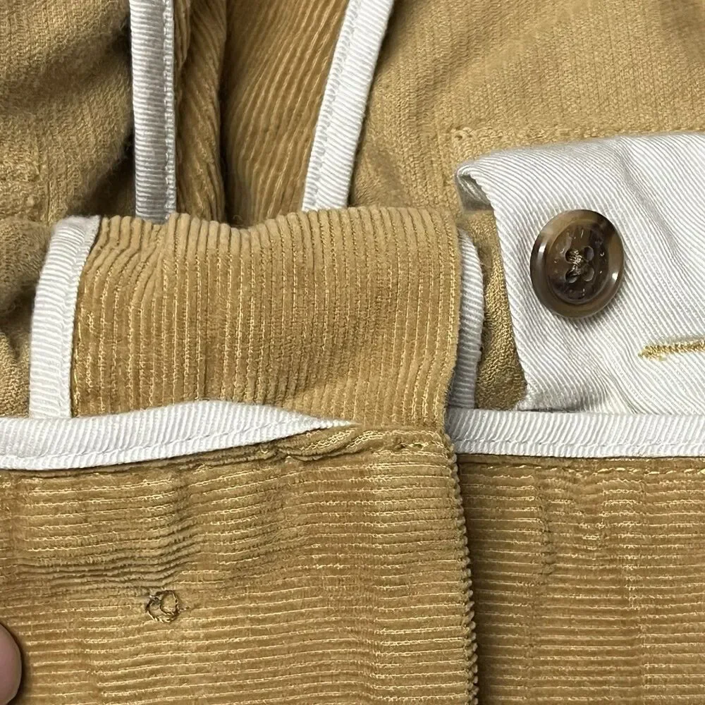 Orvis Corduroy Pants Men's 32 Flat Front Tan Khaki Leather Trim Pockets flap